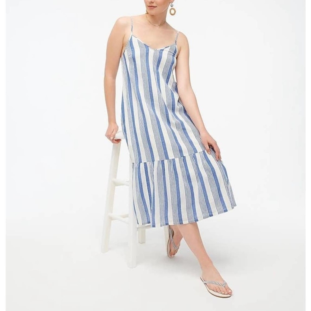 J. Crew Striped, Lined cotton dress, pockets ruffle hem,